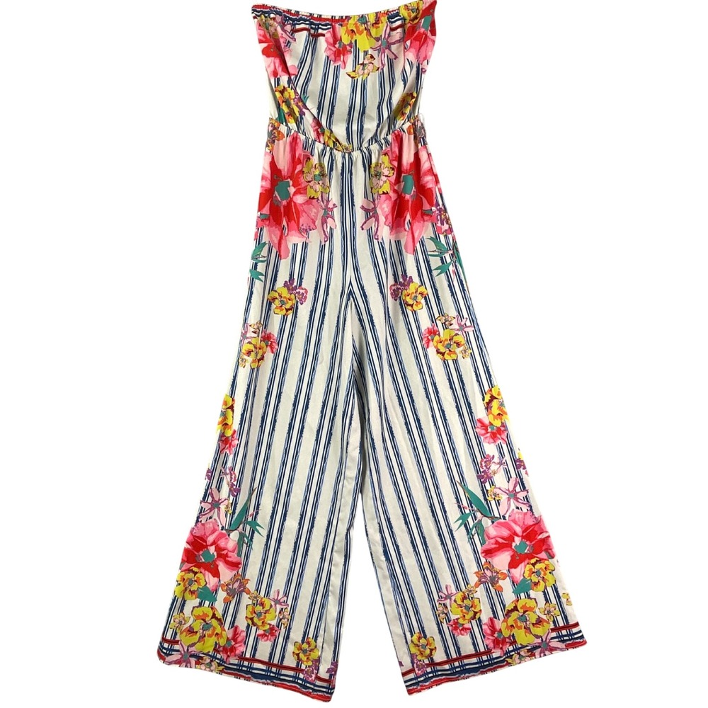 Flying Tomato Jumpsuit Women S White Floral Striped Strapless Wide Leg No Belt